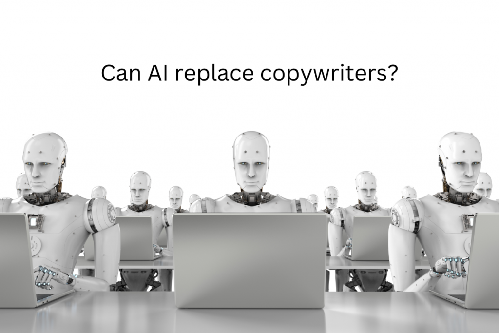 Can AI replace copywriters? Robots typing on laptops to demonstrate the blog title