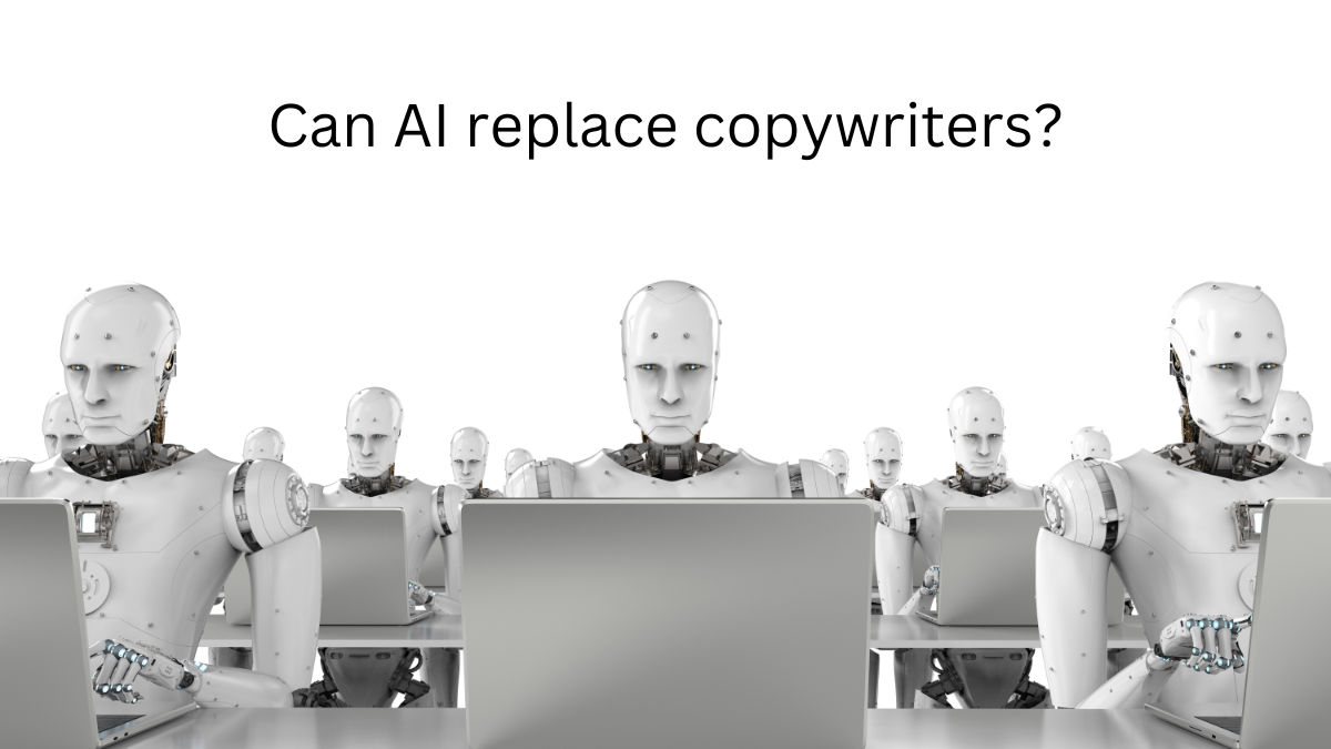 Can AI replace copywriters? Robots typing on laptops to demonstrate the blog title